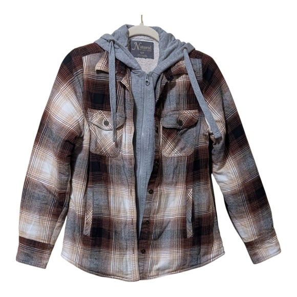 Natural Reflections Flannel Snap-Down Hooded Long-Sleeve Shacket plaid Small - Picture 1 of 11